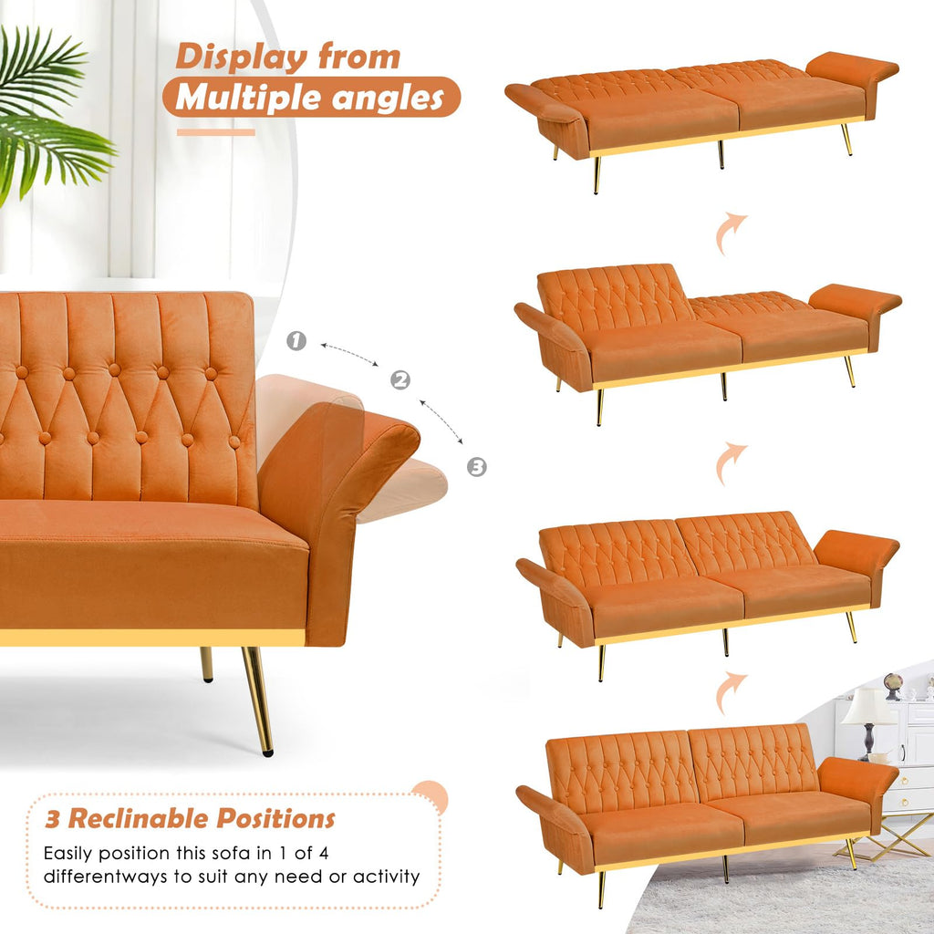 70" Velvet Futon with Adjustable Backrest and Armrests F74024
