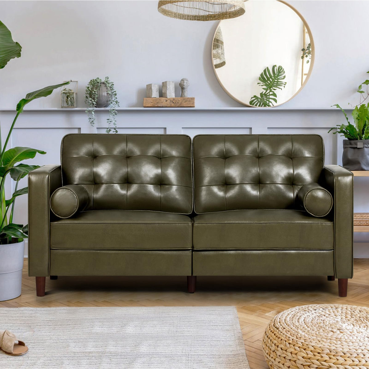 67" Olive Green Faux Leather 2-Seater Sofa with Bolster Pillows F99687