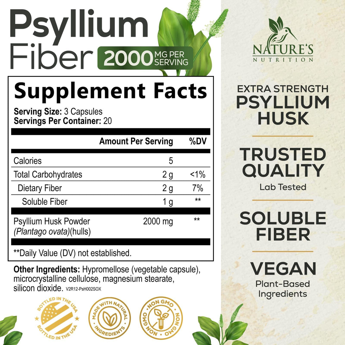 Psyllium Husk Powder 2000mg Fiber Supplement 60 Capsules Z52200