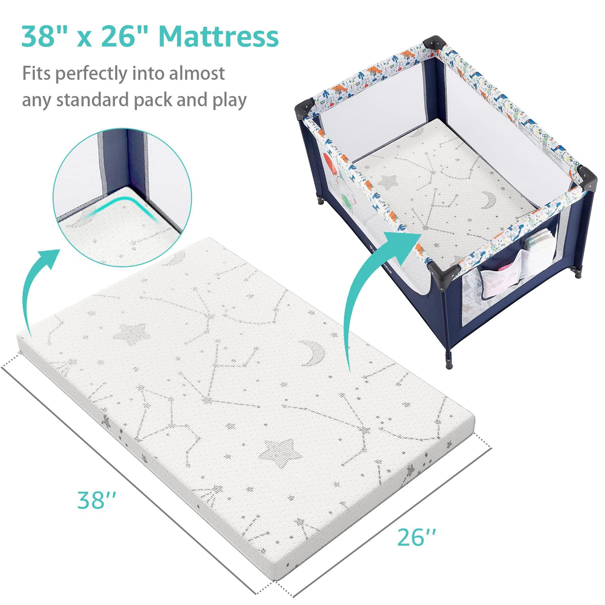 38x26 Waterproof Pack and Play Mattress Pad 2 Pack V3544