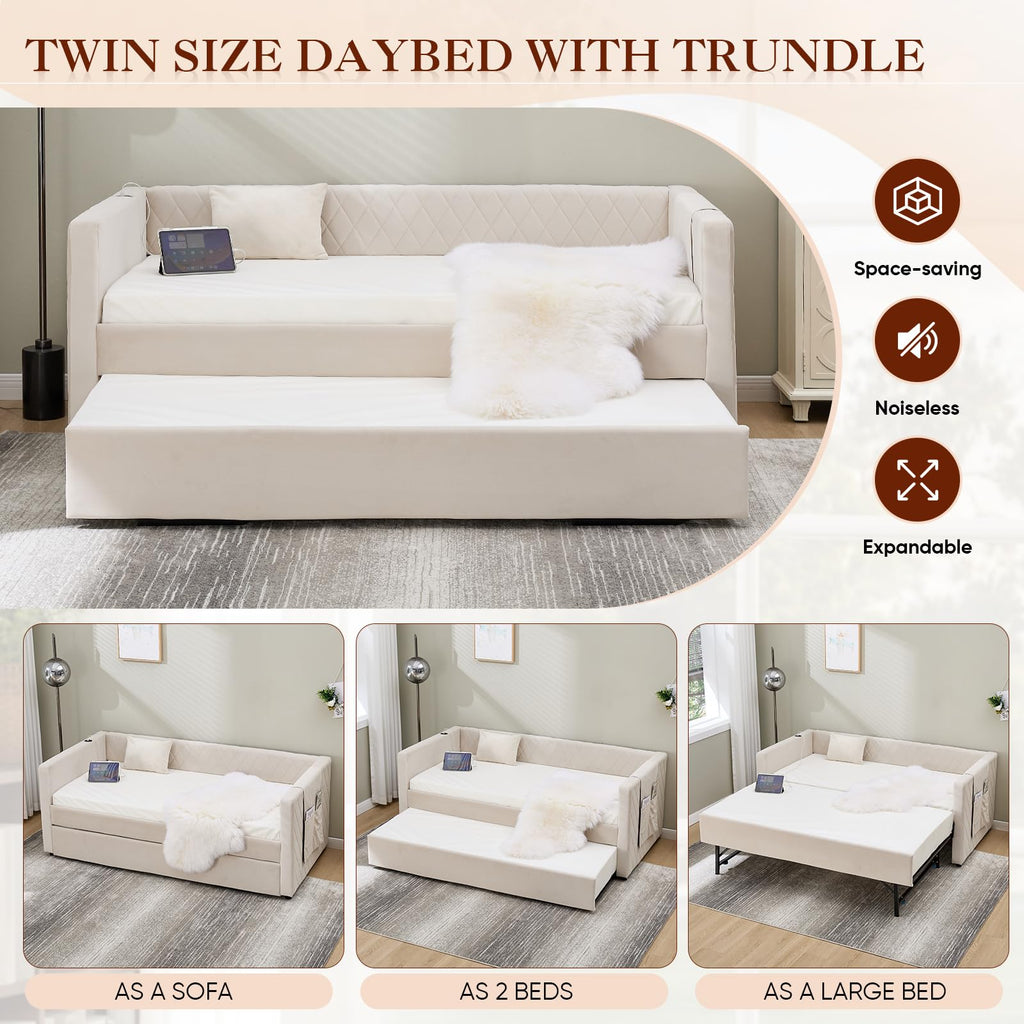 Twin Size Velvet Upholstered Daybed with Trundle C973361