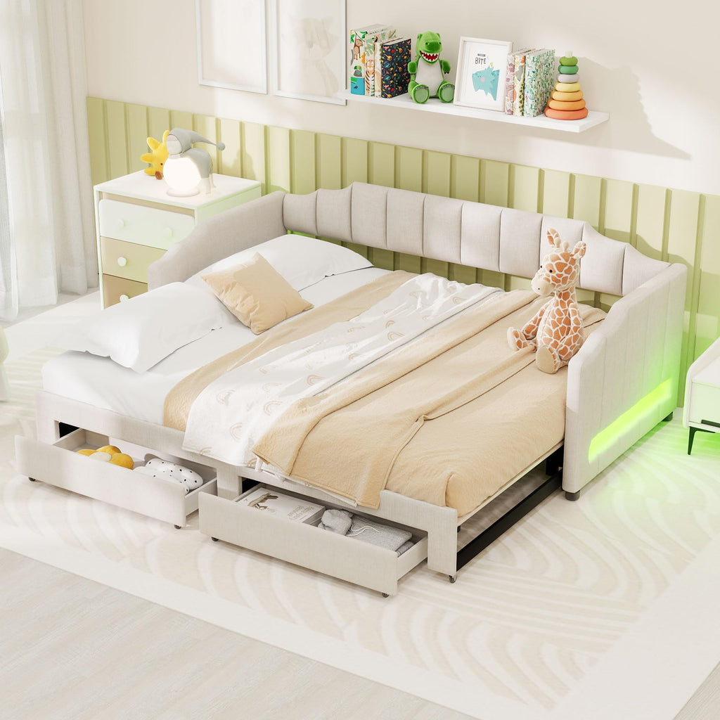 Linen Upholstered Daybed with Trundle and 2 Storage Drawers L23655