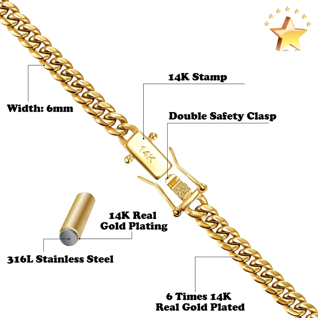 3mm 6mm Cuban Link Chain 14K Gold Plated Stainless Steel Necklace P291527