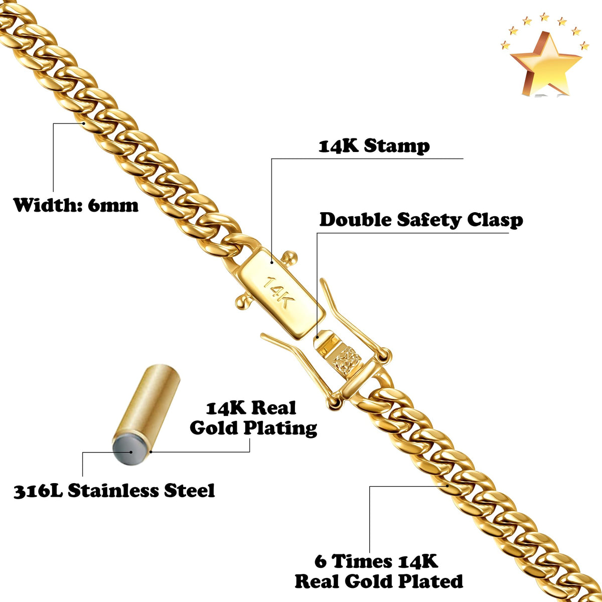 3mm 6mm Cuban Link Chain 14K Gold Plated Stainless Steel Necklace P291527