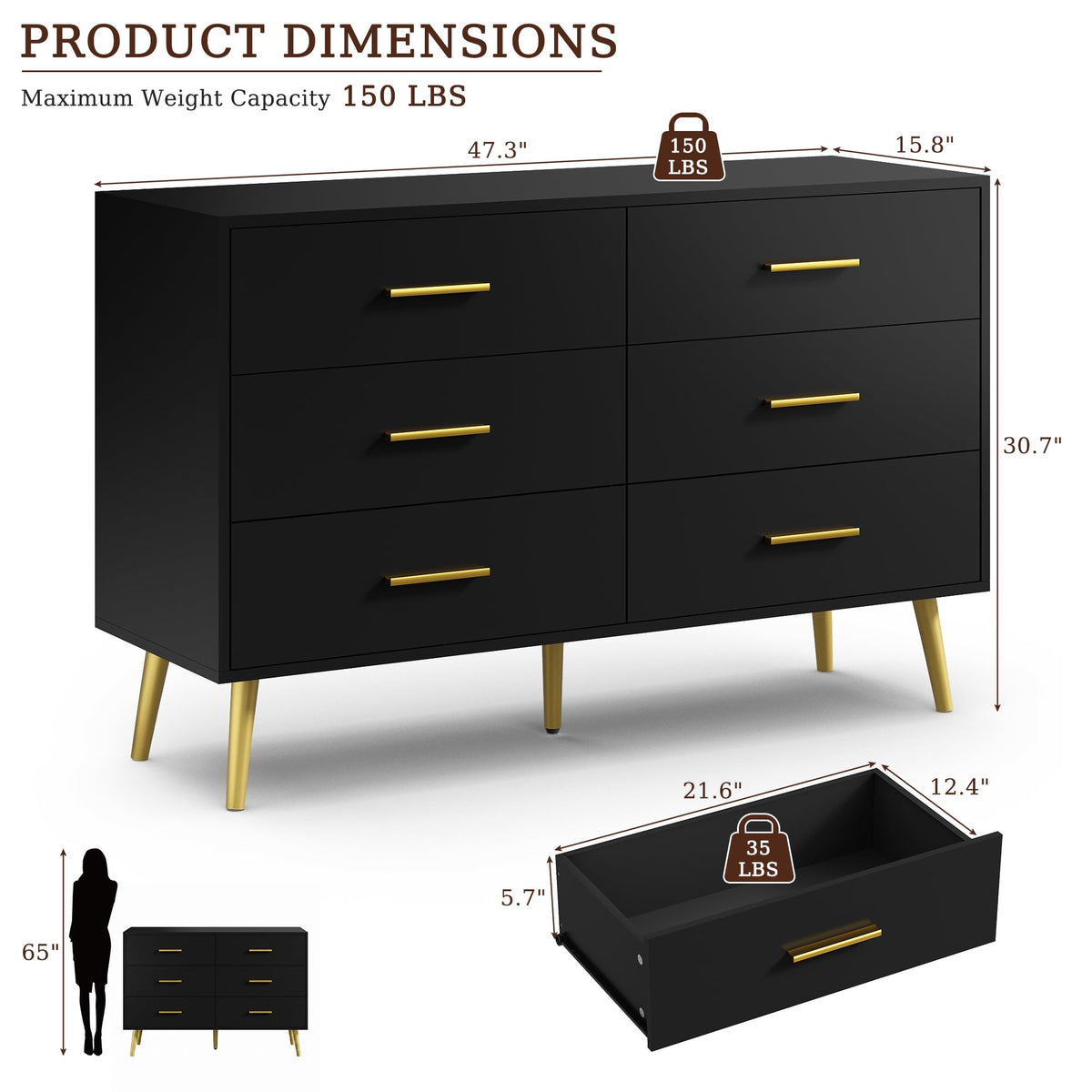 Black 6 Drawer Wood Dresser A87734