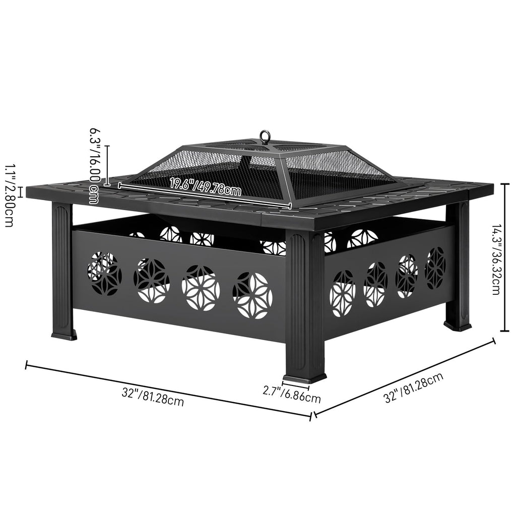 32 Inch Square Wood Burning Fire Pit Table with Spark Screen Lid and Fire Poker X467779