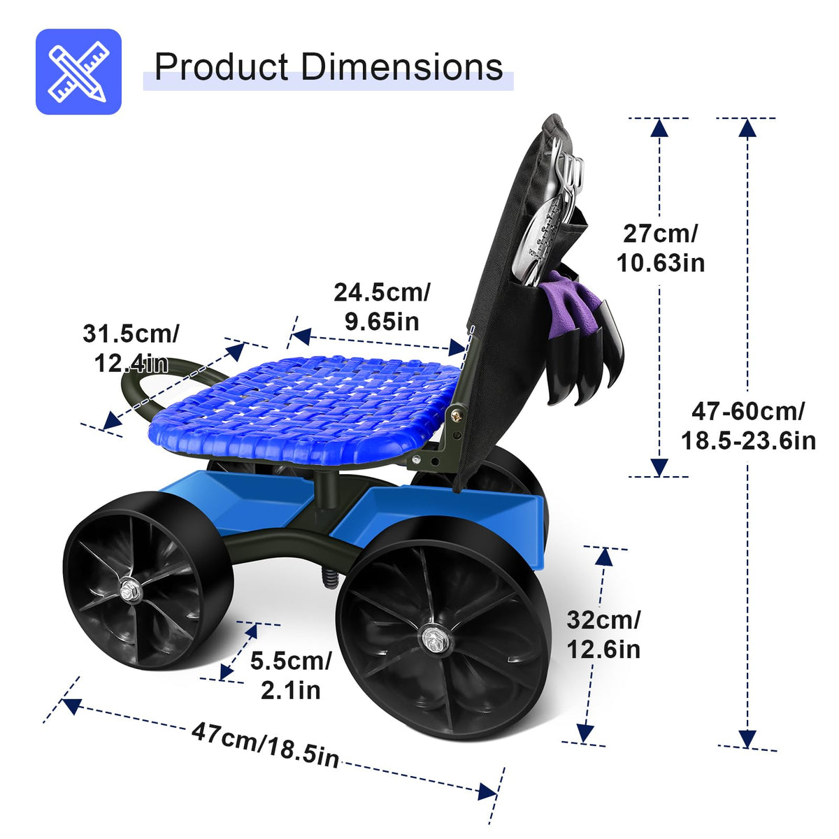 Blue Rolling Garden Cart with Four Wheels and Tool Bag F7205