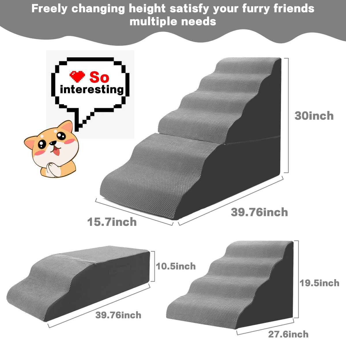 6-Step Grey Foam Dog Stairs J1669
