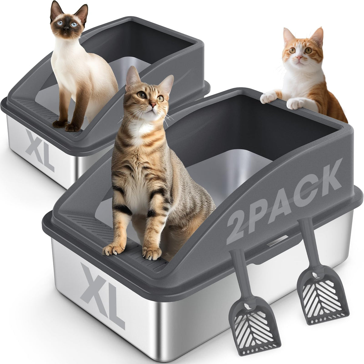 2 Pack XL Stainless Steel Enclosed Cat Litter Box with Lid U878639