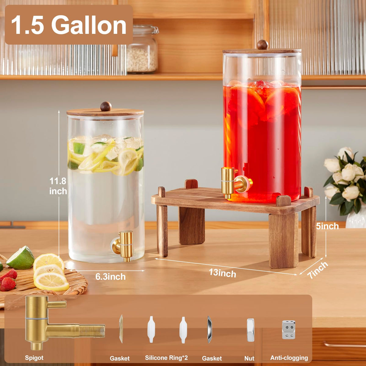 2pcs 1.5 Gallon Glass Drink Dispenser with Wood Stand K1268