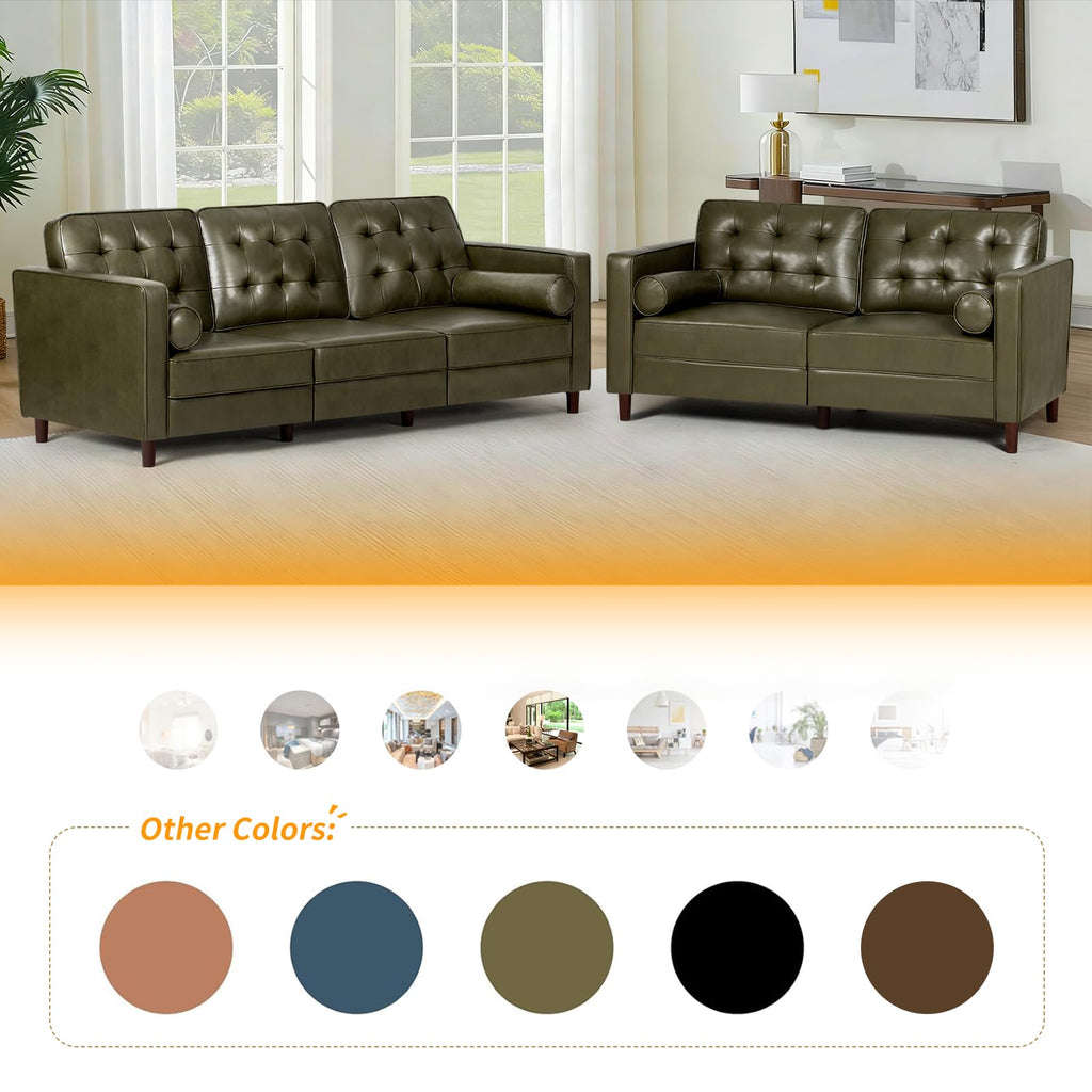 67" Olive Green Faux Leather 2-Seater Sofa with Bolster Pillows F99687