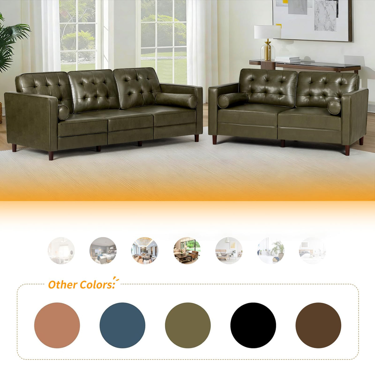 67" Olive Green Faux Leather 2-Seater Sofa with Bolster Pillows F99687
