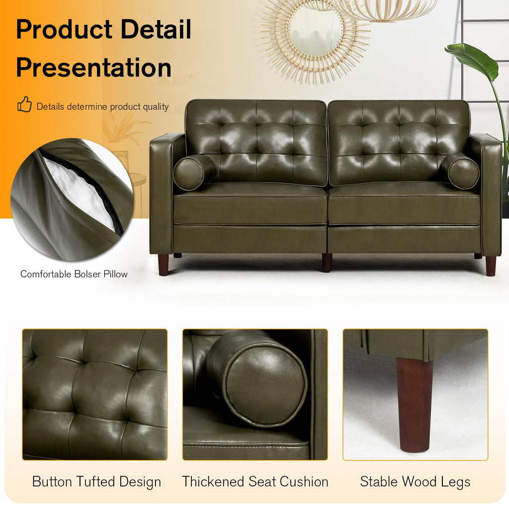 67" Olive Green Faux Leather 2-Seater Sofa with Bolster Pillows F99687