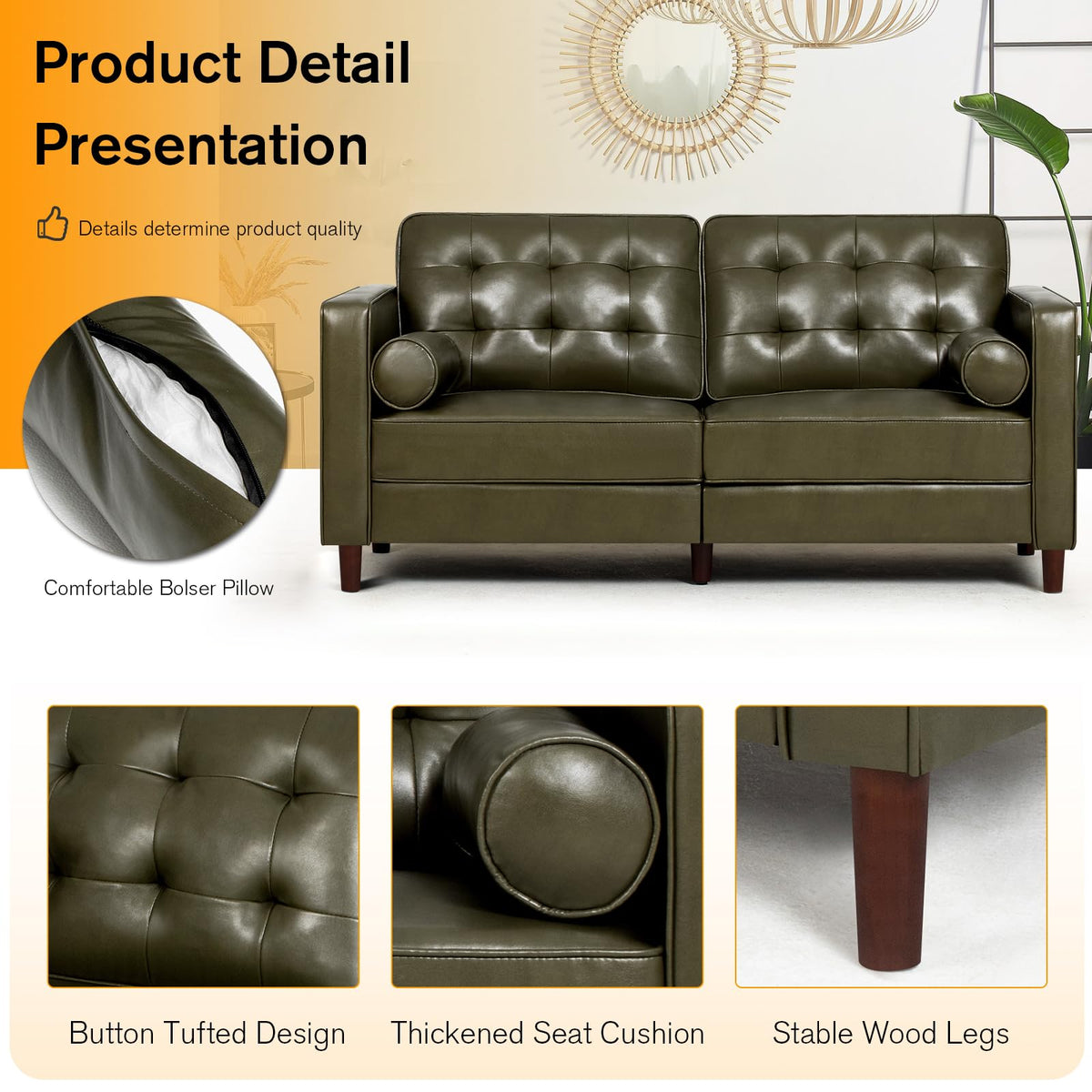 67" Olive Green Faux Leather 2-Seater Sofa with Bolster Pillows F99687