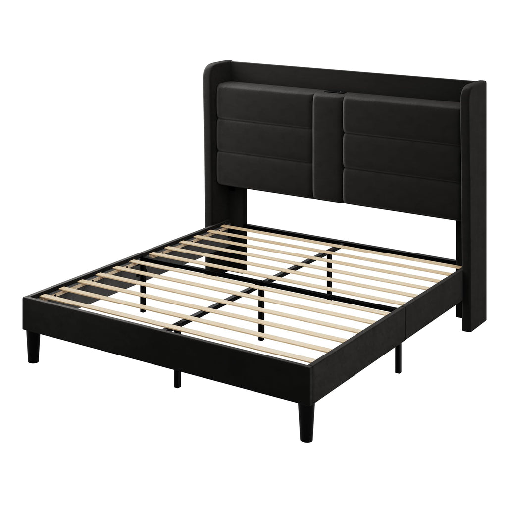 Queen Size Black Velvet Upholstered Platform Bed Frame with Storage Headboard L523954