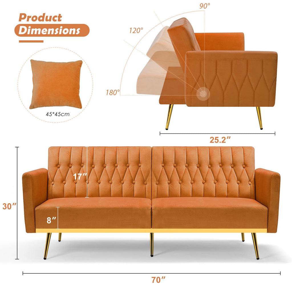 70" Velvet Futon with Adjustable Backrest and Armrests F74024