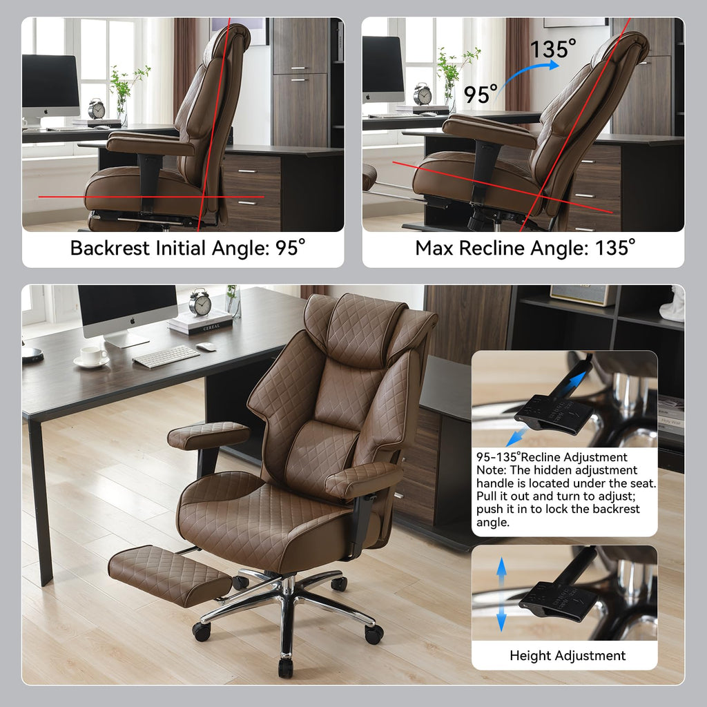 Big and Tall Office Chair with Footrest, PU Leather High Back Executive Chair 400lbs, Ergonomic Computer Chair Lumbar Support (Brown) E152471