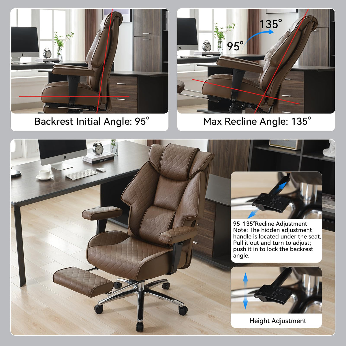 Big and Tall Office Chair with Footrest, PU Leather High Back Executive Chair 400lbs, Ergonomic Computer Chair Lumbar Support (Brown) E152471