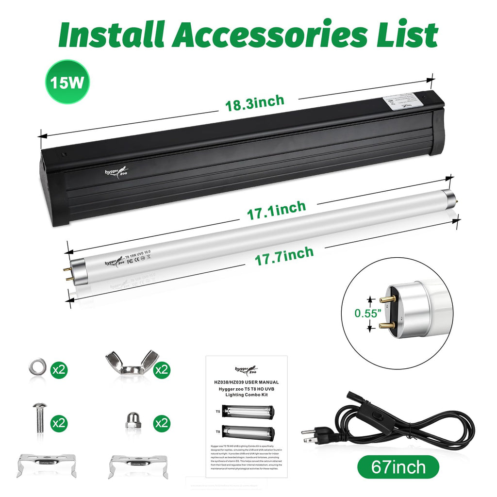 15W T8 UVB Reptile Light Fixture 18 Inch N4862