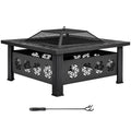 32 Inch Square Wood Burning Fire Pit Table with Spark Screen Lid and Fire Poker X467779