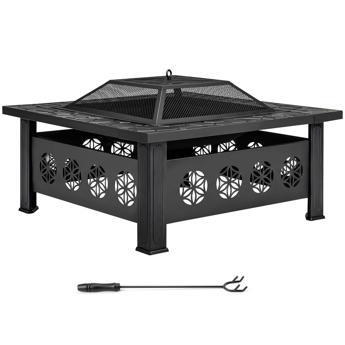 32 Inch Square Wood Burning Fire Pit Table with Spark Screen Lid and Fire Poker X467779