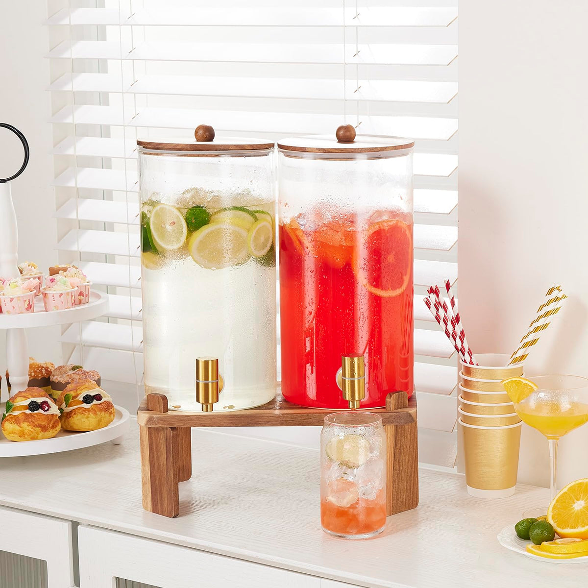 2pcs 1.5 Gallon Glass Drink Dispenser with Wood Stand K1268