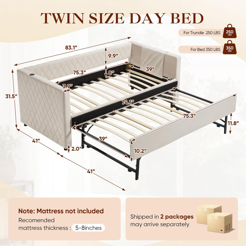 Twin Size Velvet Upholstered Daybed with Trundle C973361