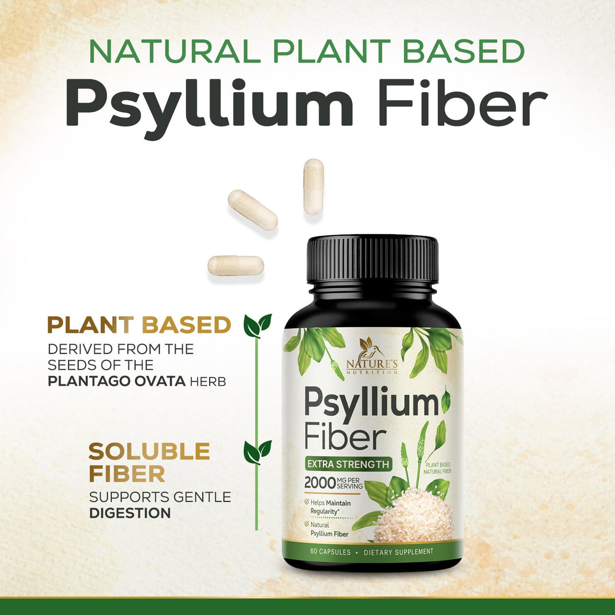 Psyllium Husk Powder 2000mg Fiber Supplement 60 Capsules Z52200