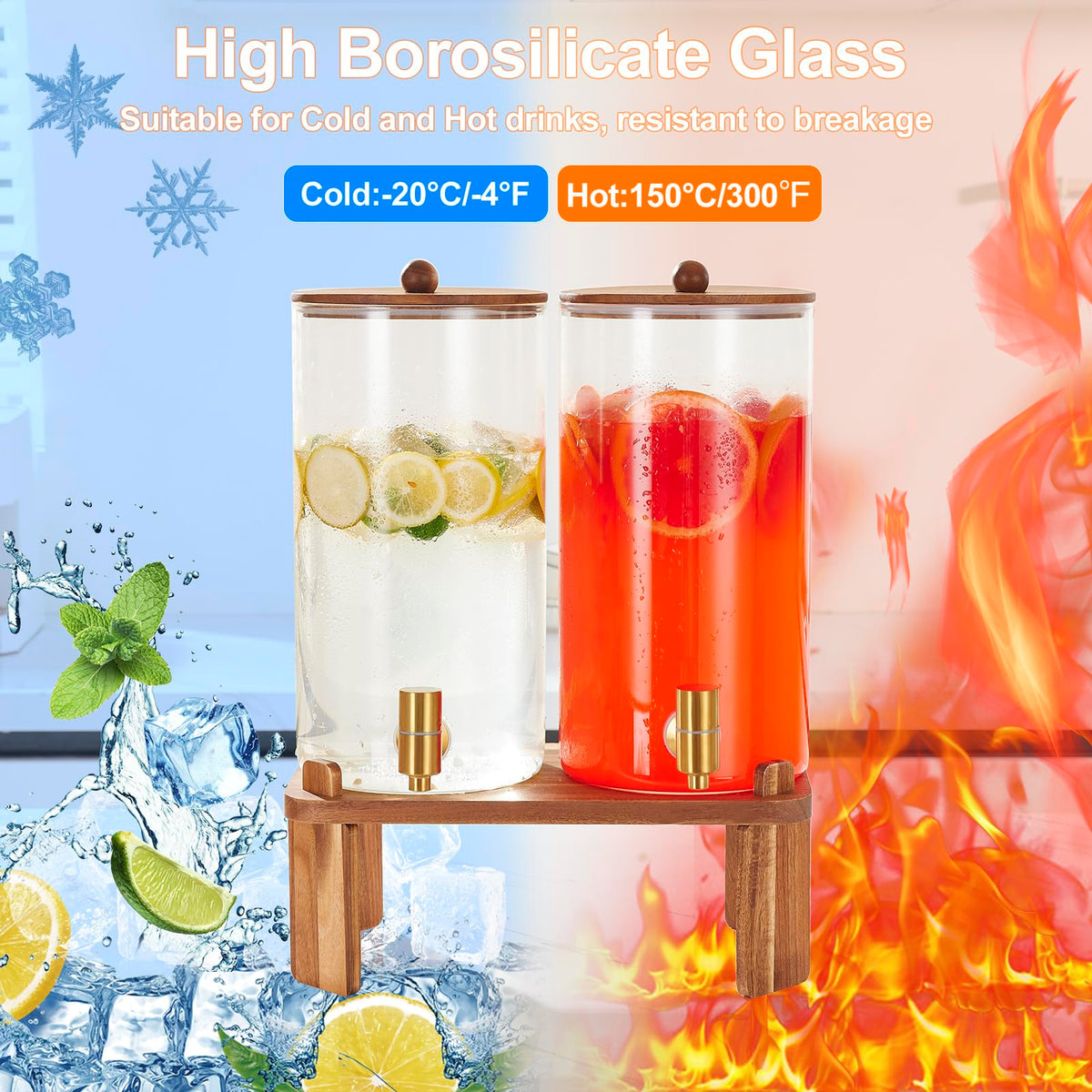 2pcs 1.5 Gallon Glass Drink Dispenser with Wood Stand K1268