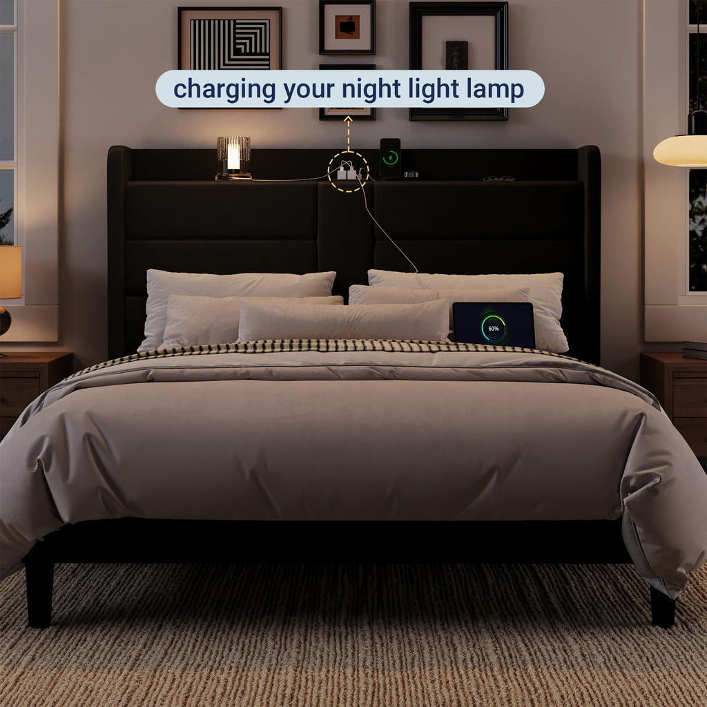 Queen Size Black Velvet Upholstered Platform Bed Frame with Storage Headboard L523954