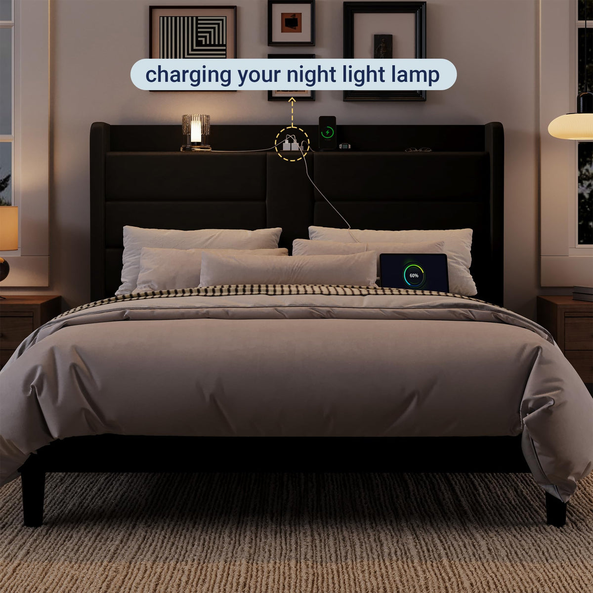 Queen Size Black Velvet Upholstered Platform Bed Frame with Storage Headboard L523954