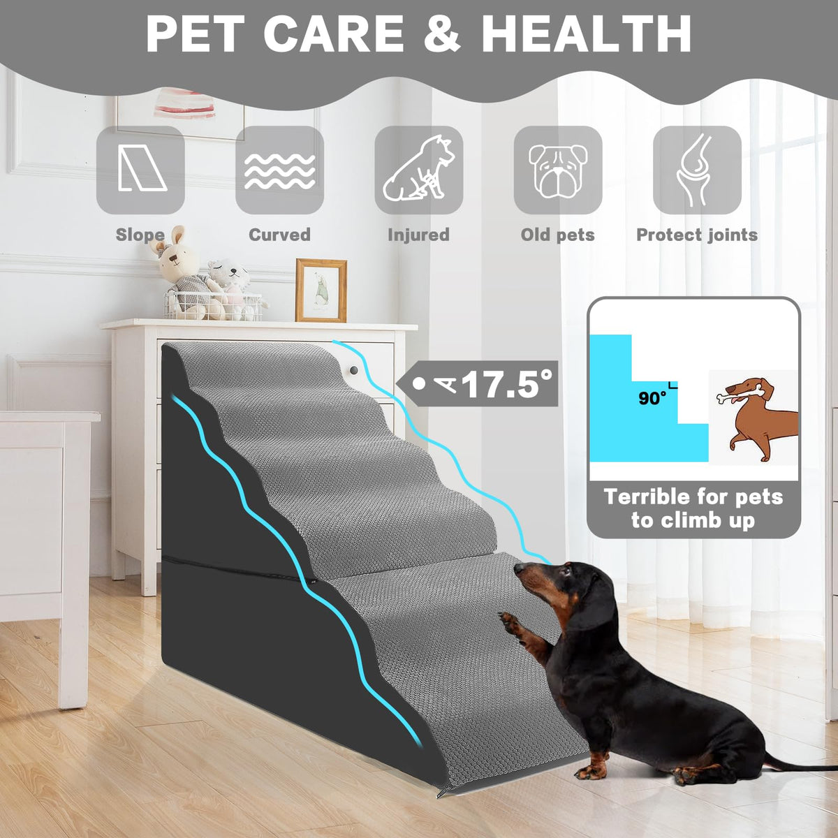 6-Step Grey Foam Dog Stairs J1669