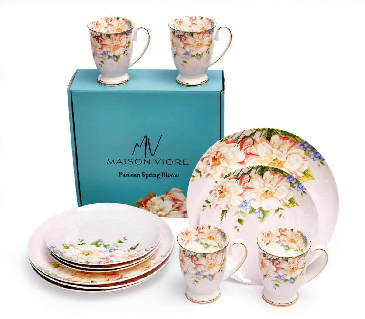 Pink Floral Ceramic Plates and Mugs Set Of 12 H698865