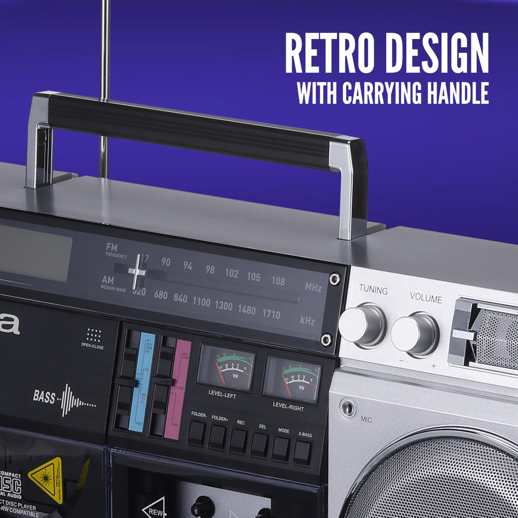 Retro Boombox CD Player with Cassette Recording, Bluetooth, FM/AM Radio, USB/SD/AUX Inputs, Dual 40W Speakers E339548