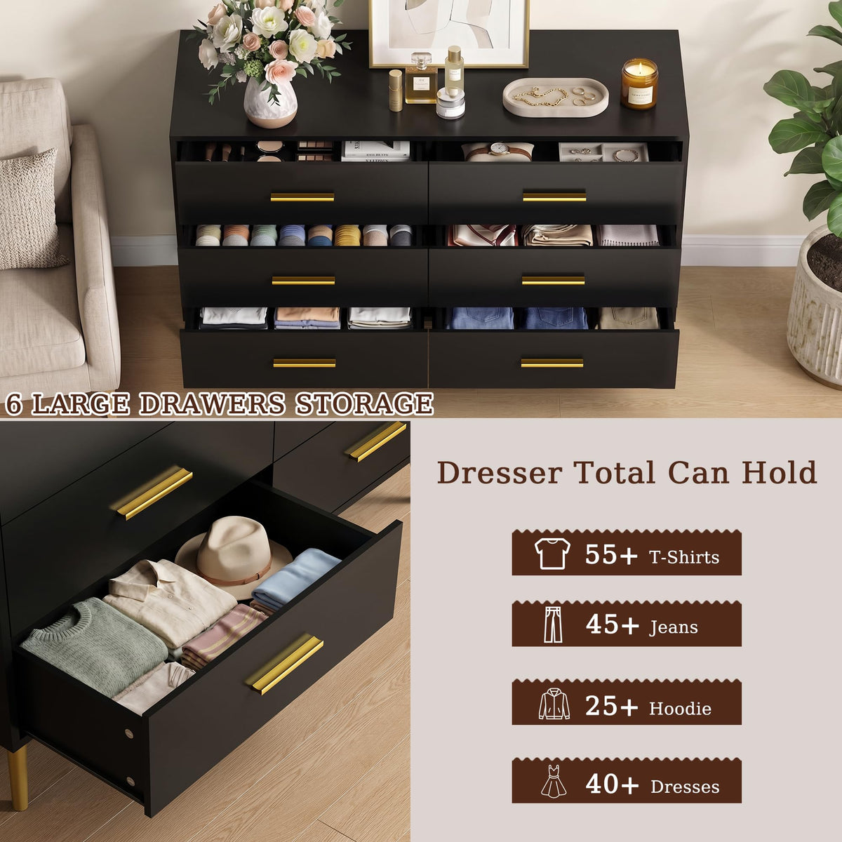 Black 6 Drawer Wood Dresser A87734