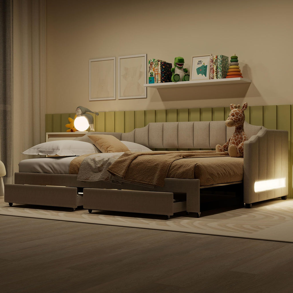Linen Upholstered Daybed with Trundle and 2 Storage Drawers L23655