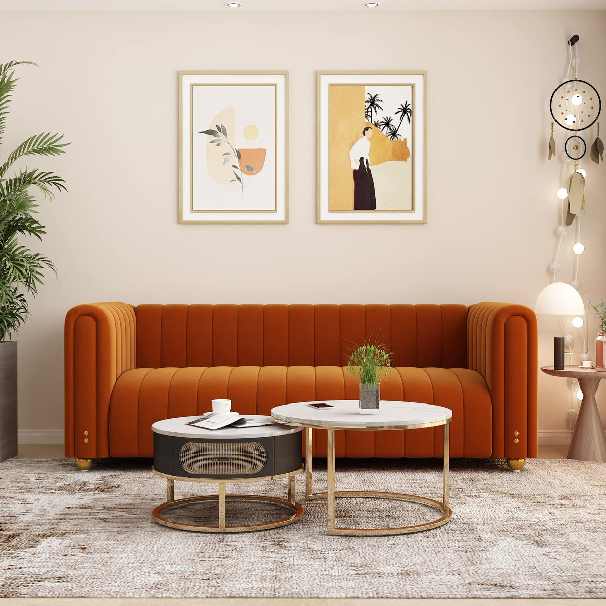 Orange Velvet 3 Seat Sofa N6127