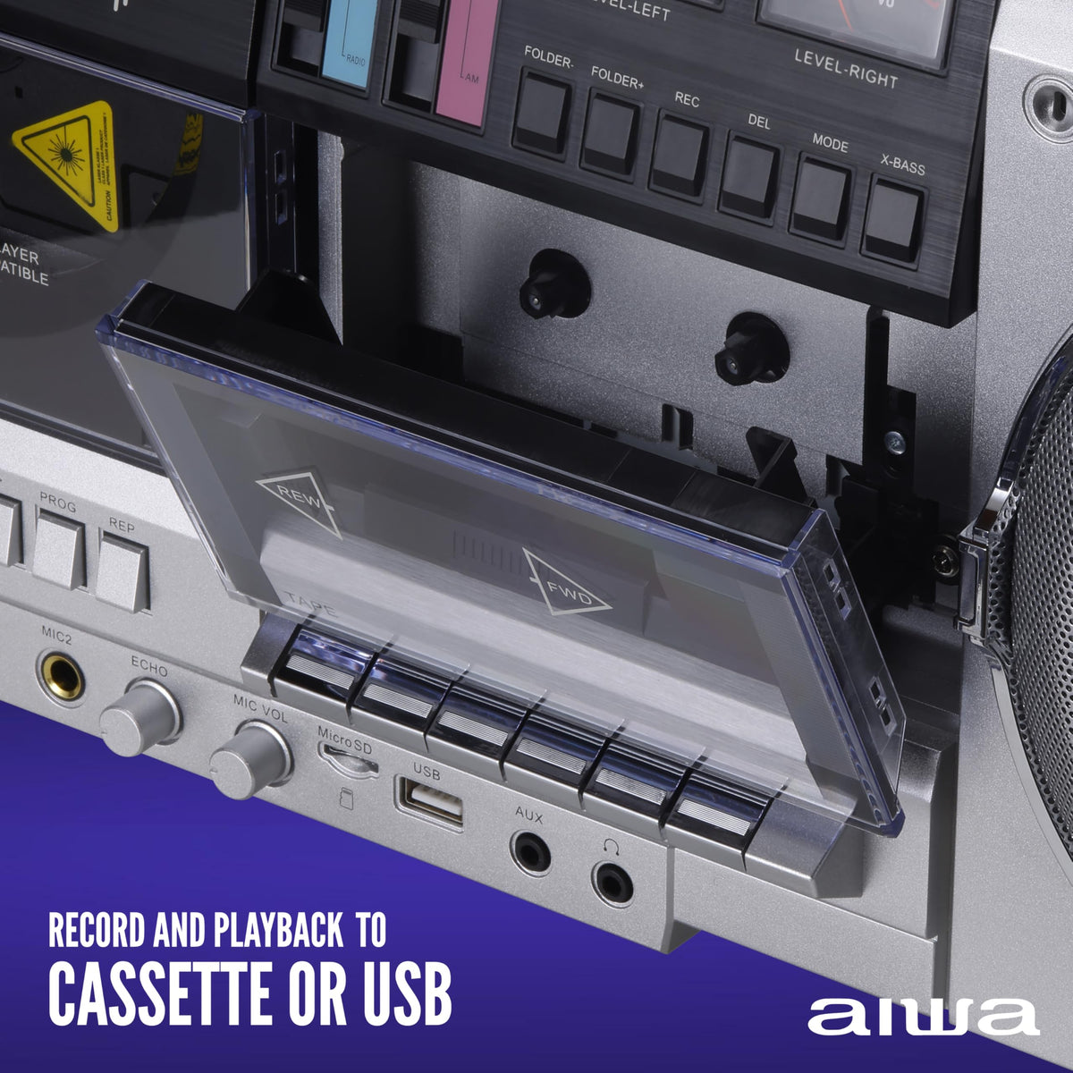 Retro Boombox CD Player with Cassette Recording, Bluetooth, FM/AM Radio, USB/SD/AUX Inputs, Dual 40W Speakers E339548