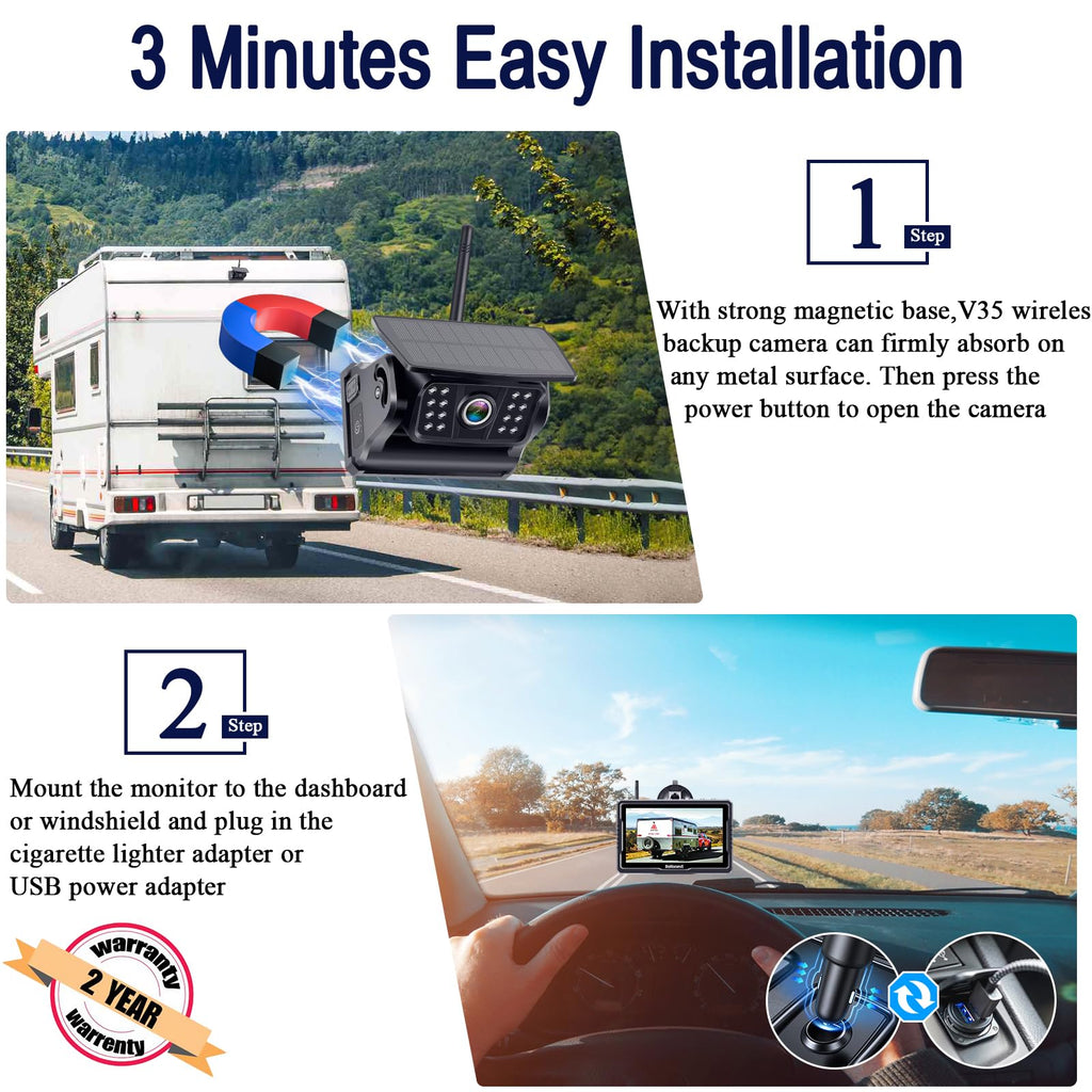 Wireless Solar Magnetic Backup Camera HD 1080P 5'' Monitor Kit S152643