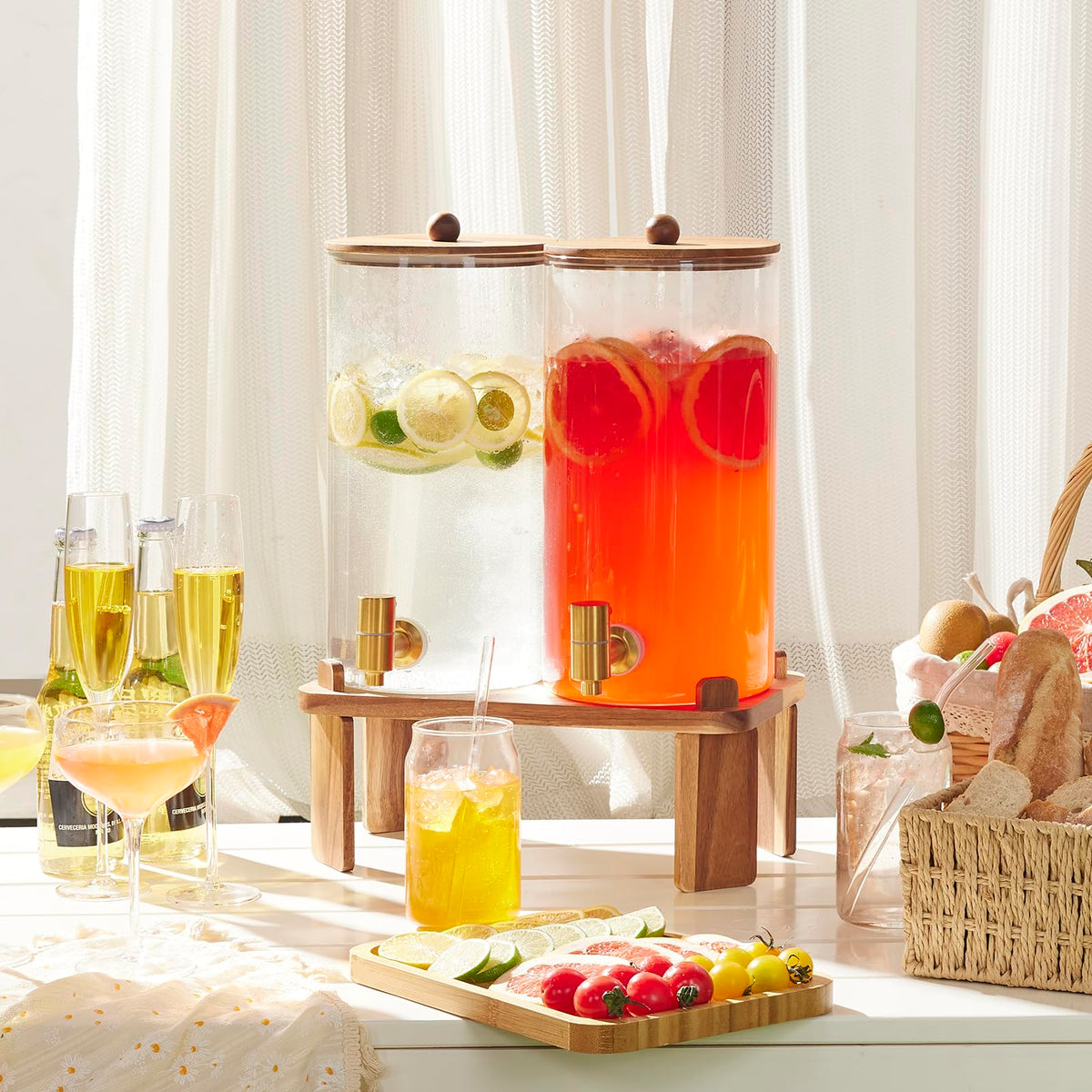 2pcs 1.5 Gallon Glass Drink Dispenser with Wood Stand K1268