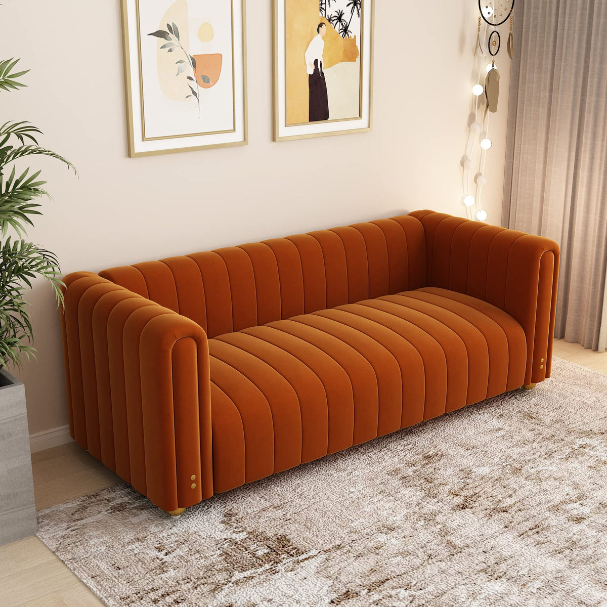 Orange Velvet 3 Seat Sofa N6127