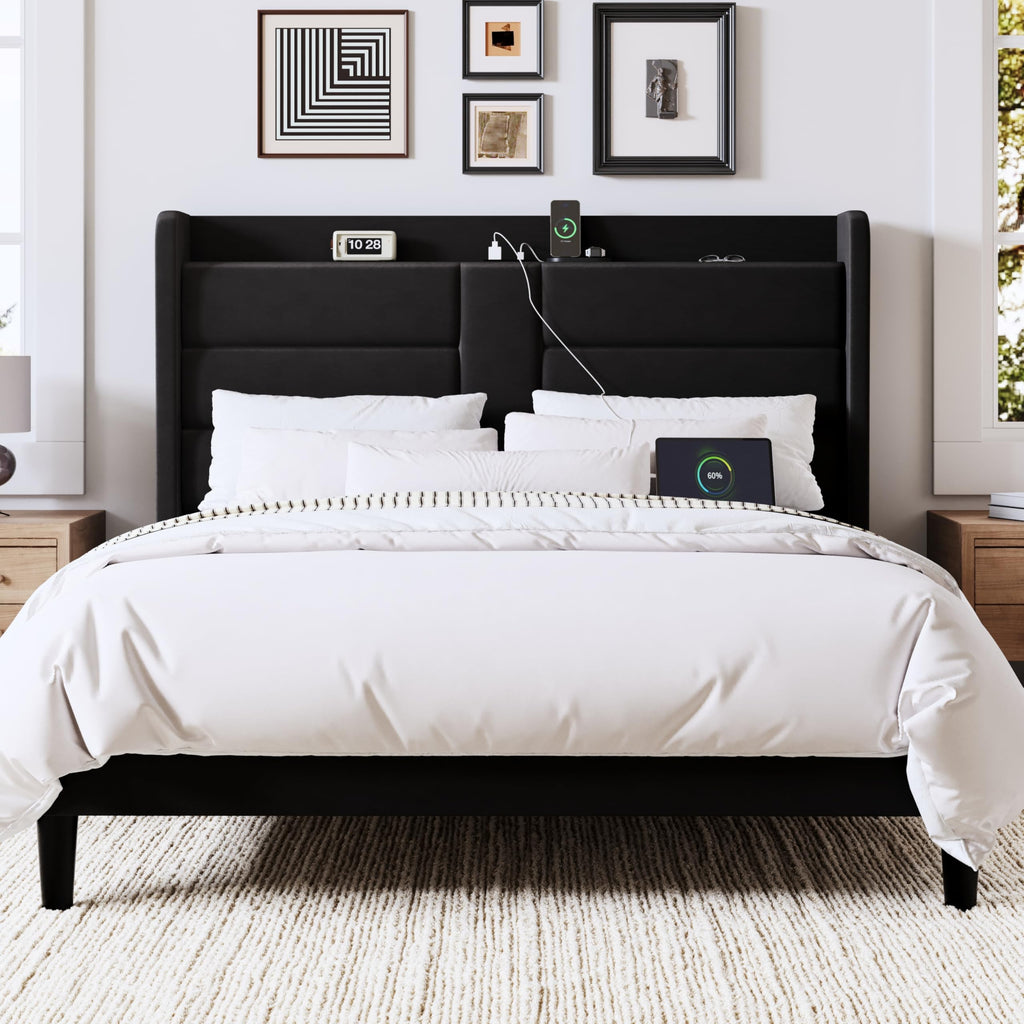Queen Size Black Velvet Upholstered Platform Bed Frame with Storage Headboard L523954