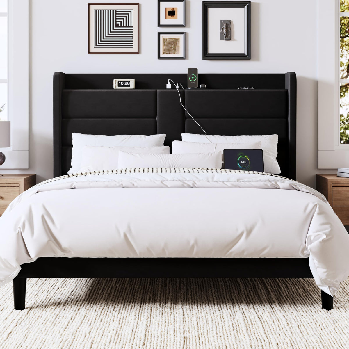 Queen Size Black Velvet Upholstered Platform Bed Frame with Storage Headboard L523954