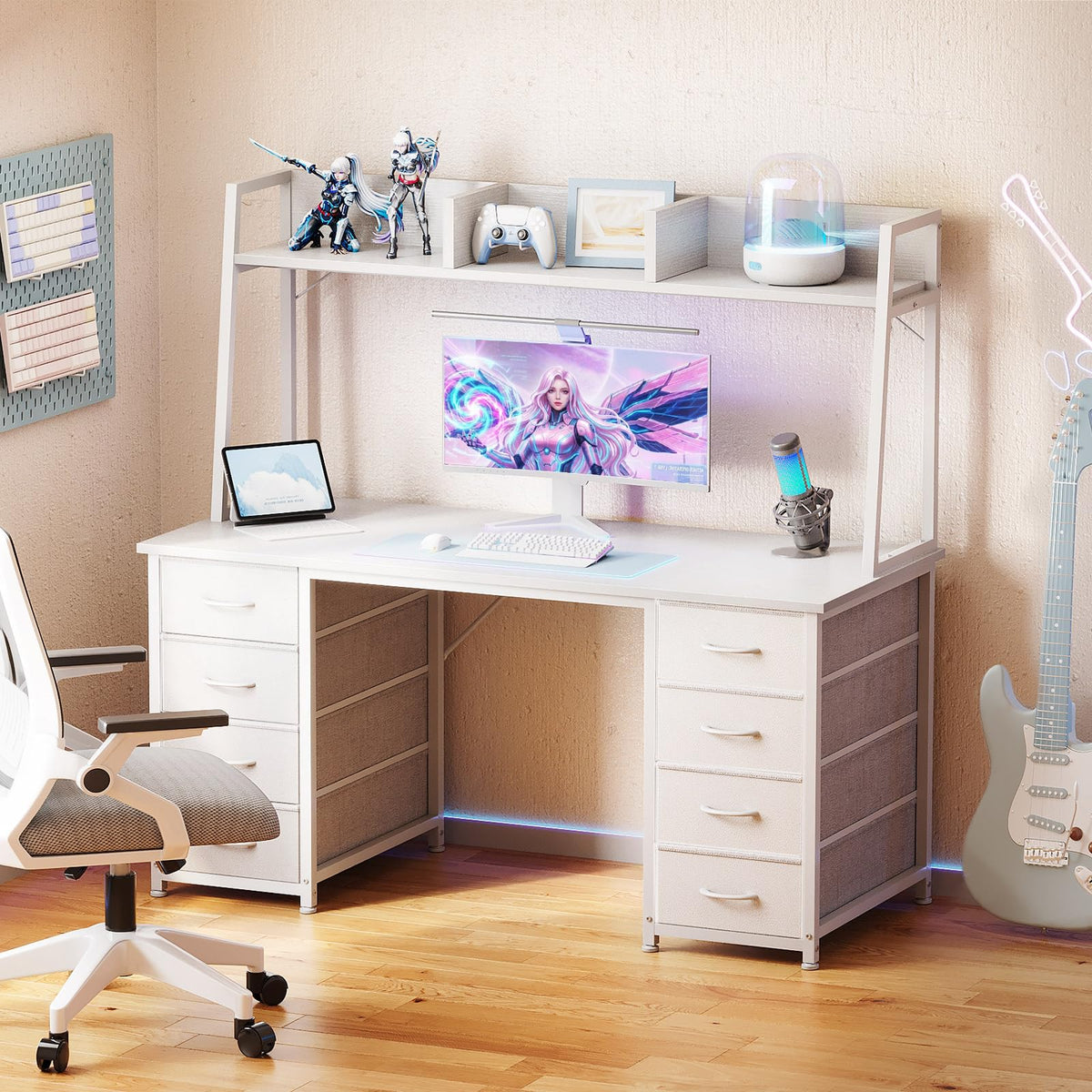 48 Inch White Computer Desk with Hutch and 8 Drawers N27327