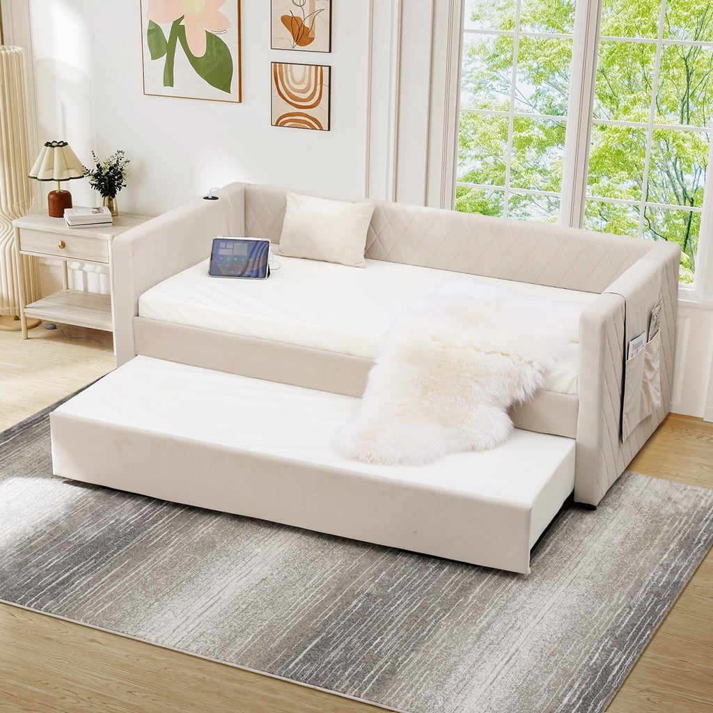 Twin Size Velvet Upholstered Daybed with Trundle C973361