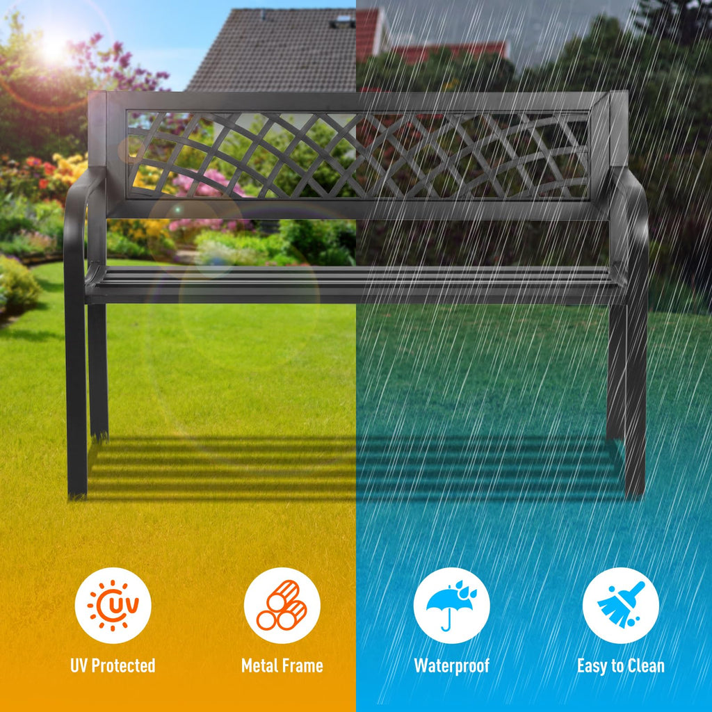 Black Iron Steel Outdoor Bench with Backrest and Armrests Z8326