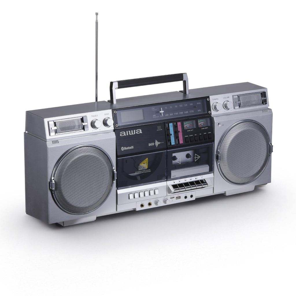 Retro Boombox CD Player with Cassette Recording, Bluetooth, FM/AM Radio, USB/SD/AUX Inputs, Dual 40W Speakers E339548