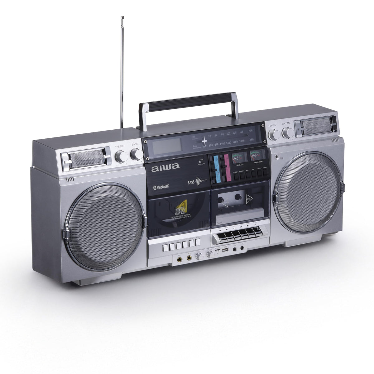 Retro Boombox CD Player with Cassette Recording, Bluetooth, FM/AM Radio, USB/SD/AUX Inputs, Dual 40W Speakers E339548