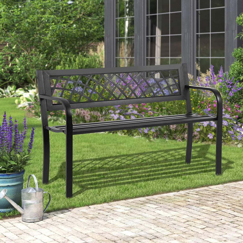 Black Iron Steel Outdoor Bench with Backrest and Armrests Z8326