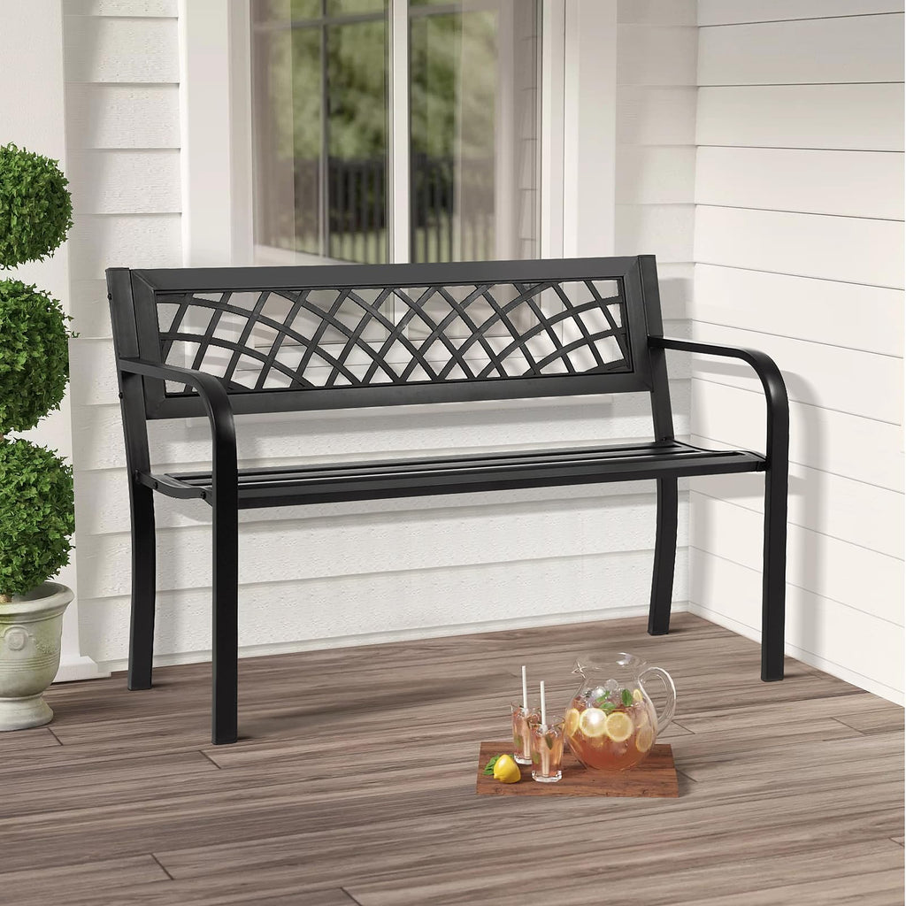 Black Iron Steel Outdoor Bench with Backrest and Armrests Z8326